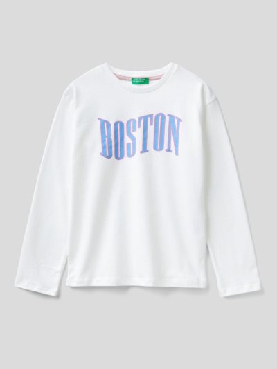 White Kids' Benetton Warm Cotton Print Long Sleeve T-shirts | AU913891
