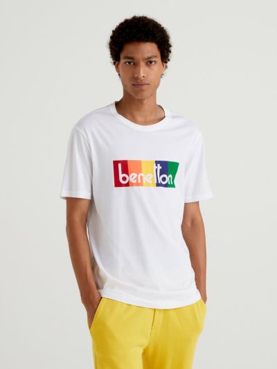 White Men's Benetton Organic Cotton Multicolored Logo Short Sleeve T-shirts | AU672667