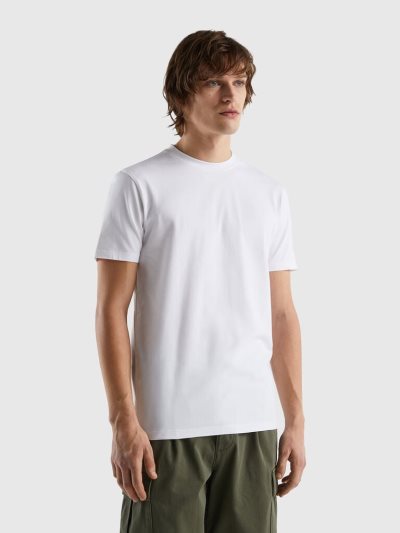 White Men's Benetton Slim Fit Stretch Cotton Short Sleeve T-shirts | AU670971