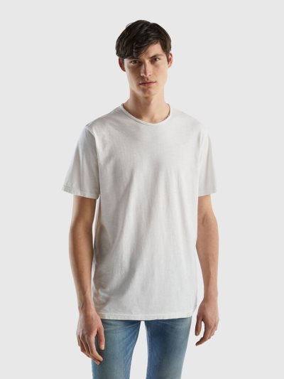 White Men's Benetton Slub Cotton Short Sleeve T-shirts | AU556991