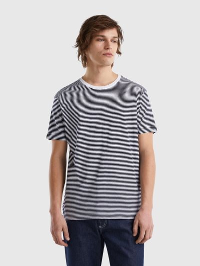 White Men's Benetton Striped 100% Cotton Short Sleeve T-shirts | AU031273