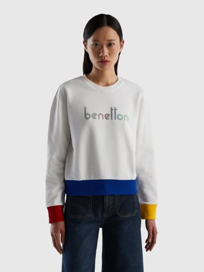 White Women's Benetton 100% Cotton Logo Print Sweatshirt | AU160795