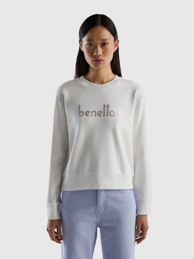 White Women's Benetton 100% Cotton Logo Print Sweatshirt | AU504981