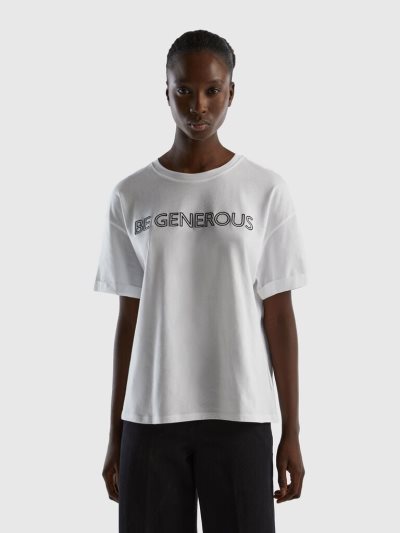 White Women's Benetton 100% Cotton Slogan Short Sleeve T-shirts | AU976221
