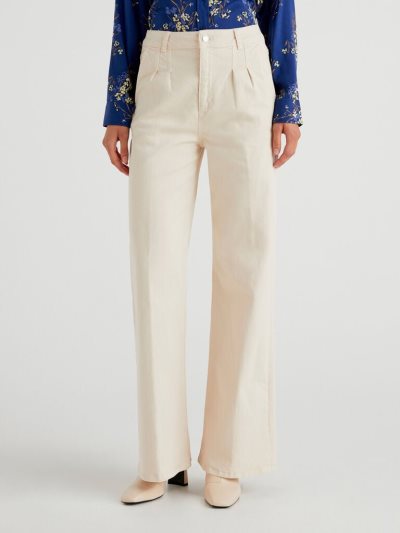 White Women's Benetton 100% Cotton Wide Leg Trousers | AU387007