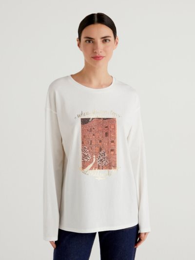 White Women's Benetton Christmas Print Short Sleeve T-shirts | AU497028