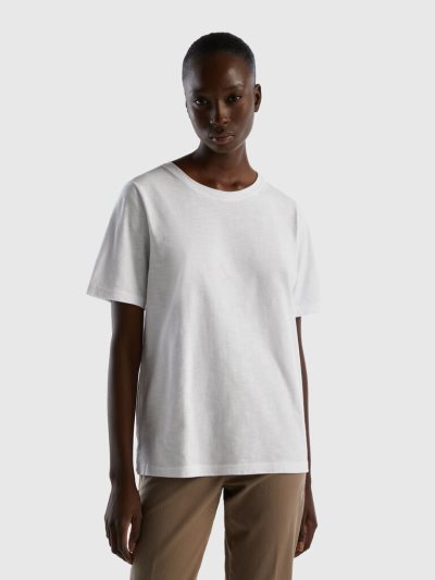 White Women's Benetton Crew Neck Slub Cotton Short Sleeve T-shirts | AU789129
