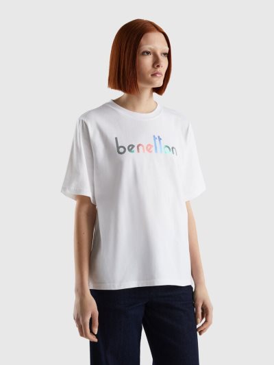 White Women's Benetton Logo Text Short Sleeve T-shirts | AU103643