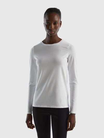 White Women's Benetton Long Sleeve Super Stretch T Shirts | AU938736