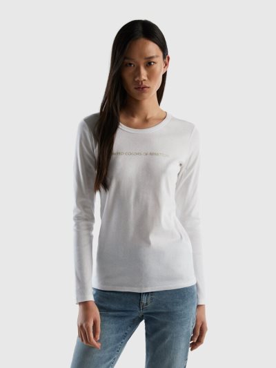White Women's Benetton Long Sleeve White 100% Cotton T Shirts | AU934364
