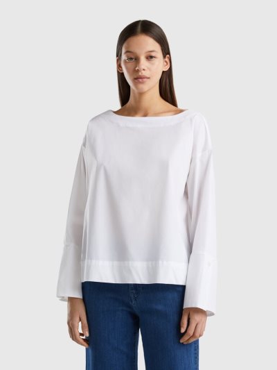 White Women's Benetton Stretch Cotton Blend Blouse | AU982493