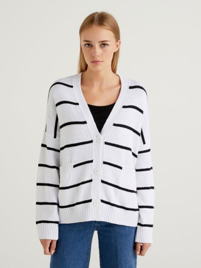 White Women's Benetton Striped Buttons Cardigan | AU511909
