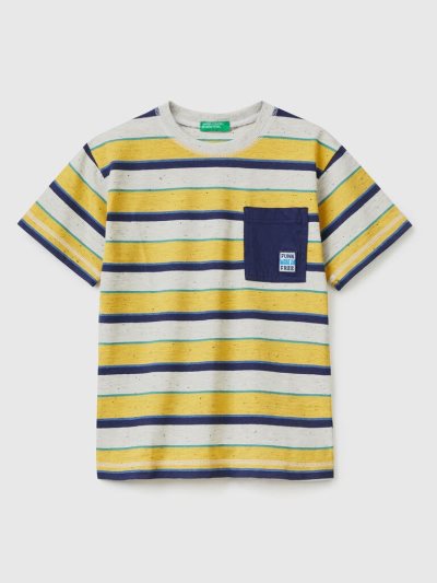 Yellow Kids' Benetton Striped Pocket Short Sleeve T-shirts | AU674083