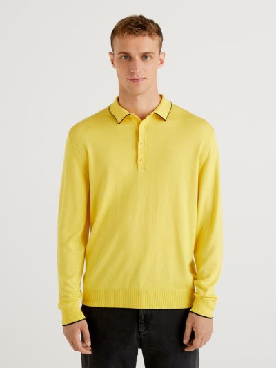 Yellow Men's Benetton Long Sleeve Knit Polo Shirts | AU593467