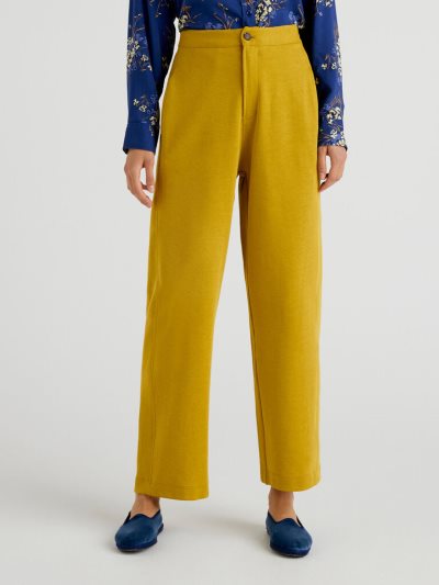 Yellow Women's Benetton High-waisted Cotton Blend Trousers | AU306252