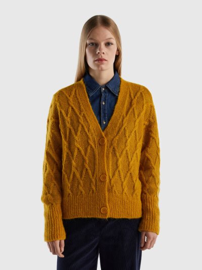 Yellow Women's Benetton Lace Look V-neck Cardigan | AU089283